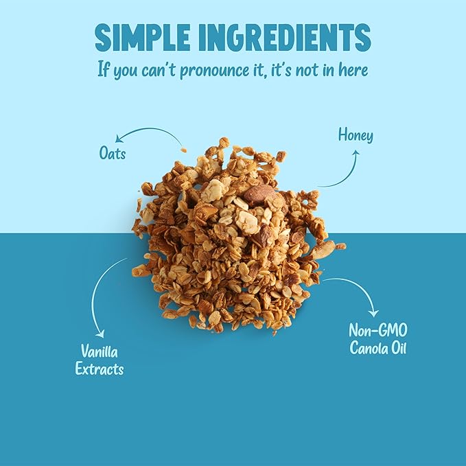 Kellys Four Plus Granola Cereal | Vanilla Almond Healthy Granola for Yogurt | Hand Made Organic Snacks for Breakfast - 12 oz (Pack of 6)