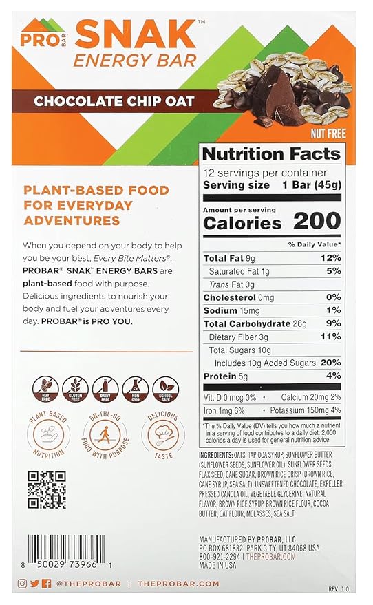 Probar Snak Chocolate Oat Bar - Nutritious High-Performance On-the-Go Energy Snack with Real Oats &amp Cocoa Gluten-Free Vegan-Friendly Naturally Sweetened Pack of 12 for Active Cycling &amp Ou