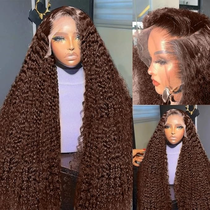 250% Density 32 Inch 13x6 FULL SKINLIKE HD Chocolate Brown Deep Curly lace front wigs Pre Plucked Real 0.10mm Ultra-thin Invisible Water Wave HD Lace Front Wigs Human Hair Small Knots Full Virgin Hair