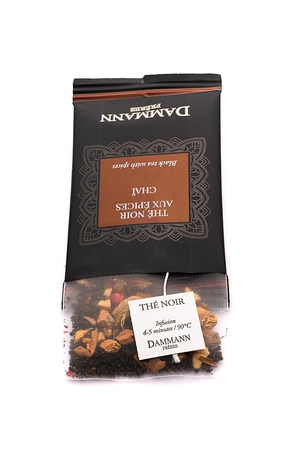 Dammann Freres Satchets Chai Tea Bags Premium Gourmet French Black Tea Blend Ginger Cinnamon Cardamom Flavors Individually Wrapped 24 Count (Single Pack)