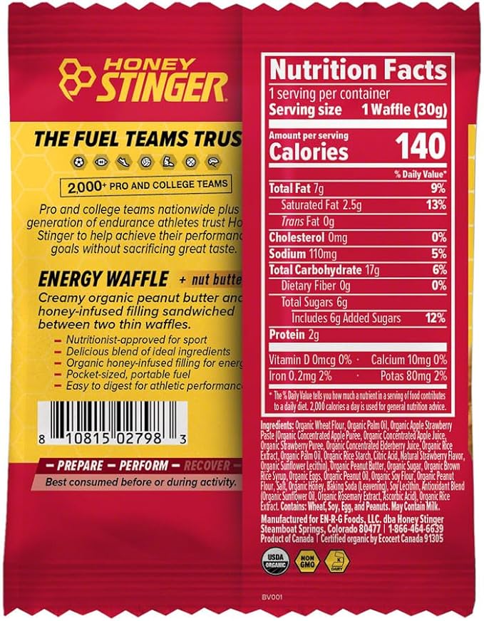 Honey Stinger Organic Peanut Butter &amp Strawberry Waffle Snacks - USDA Organic Kosher Certified Gluten-Free Energy-Boosting Wafers with Honey No Artificial Flavors or Preservatives Pack of 12