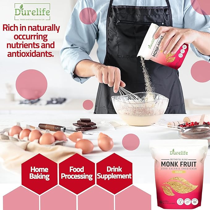 Durelife Golden Monk Fruit Sweetener 1:1 Sugar Replacement Keto Diet Friendly Zero Calorie Kosher Sugar Substitute Crystal Golden - 5 lb Bulk Size (Packaging May Vary)