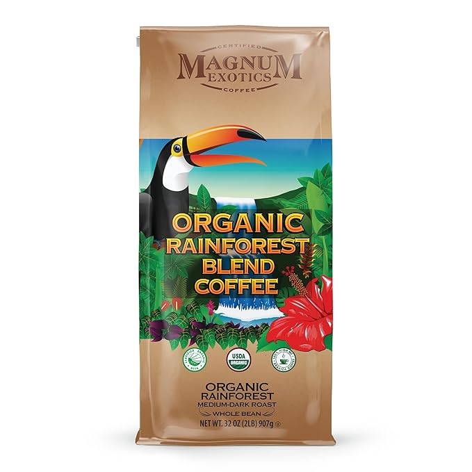 Magnum Exotics Organic Rainforest Blend Whole Bean Coffee - Coffee Beans Medium Dark Roast Caffeinated Roasted Bulk Brew Rich &amp Smooth Flavor Fresh Roast - 32 oz (2 lb) Bag