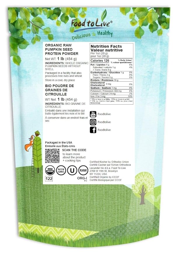 Food to Live Organic Pumpkin Seeds Protein Powder 1 Pound — 60% Protein Non-GMO Non-Irradiated Pure Flour Kosher Vegan Superfood Bulk Great for Baking Drinks and Smoothies