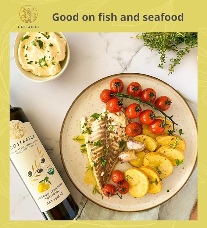 Lemon Olive Oil Extra Virgin from Italy. Organic lemon infused olive oil. Ideal for lemon olive oil dressing and lemon oil for cooking. Single-source - COSTABILE 8.45 Fl. Oz.