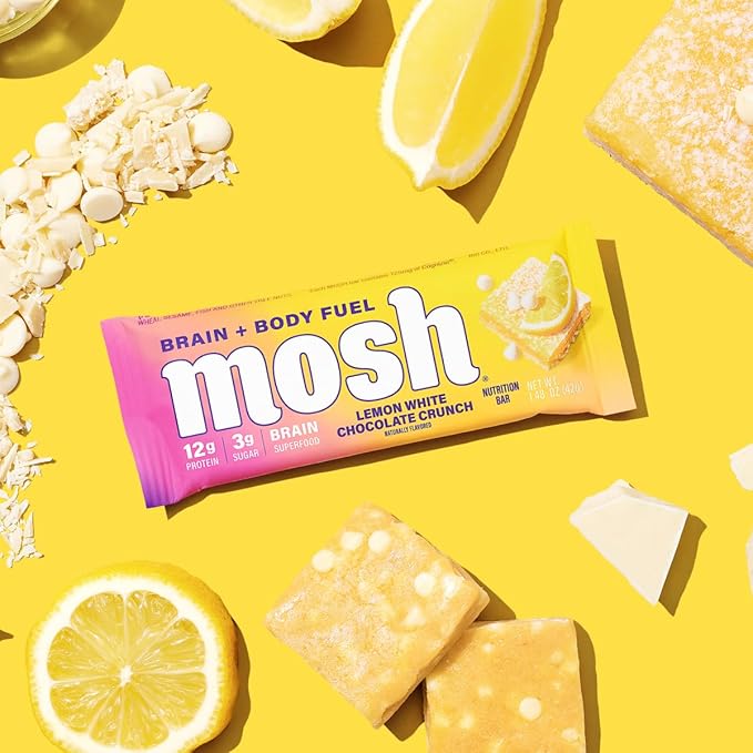 MOSH Lemon White Chocolate Keto Protein Bars High Fiber Low Carb Gluten Free High Protein Brain Healthy Snack 12 Count