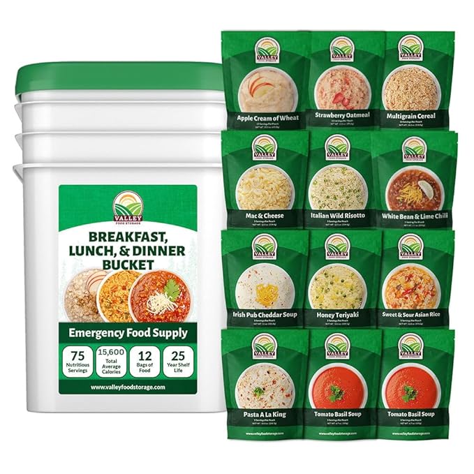 Valley Food Storage 80 Serving Emergency Food Supply Bucket | Breakfast Lunch &amp Dinner Survival Meals | 25 Year Shelf Life Prepper Food for Disaster Preparedness Camping &amp Off-Grid Living