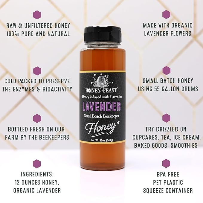 HONEY FEAST Tea Lovers TRIO Raw Honey Gift Box | Lemon Lavender Wildflower | Gift Set of three 12oz jars