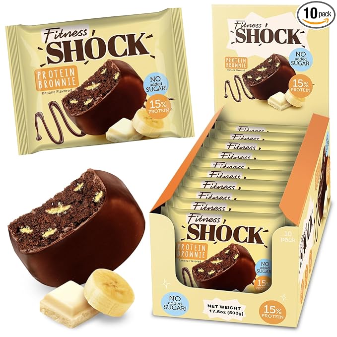 FitnesSHOCK Protein Brownies – Dark Chocolate &amp Banana Dessert Bars – Low Sugar Dessert Snack (2g Total Sugar No Added Sugar) – Healthy Snack – 10 Count