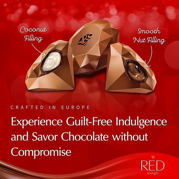 Red Delight Milk Chocolate Diamond Truffles Variety Pack - 1.55 oz Pack of 10 - Assorted Truffles with Coconut and Nut Fillings - European-Made No Added Sugar - Gluten-Free Kosher