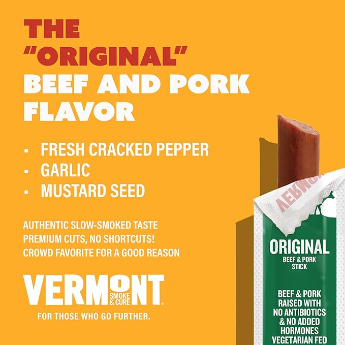 Vermont Smoke &amp Cure - Original Beef &amp Pork Meat Sticks - Protein Snacks - On the Go Healthier Snack for Adults &amp Kids - 0.5 oz 8 Pouches 48 Count