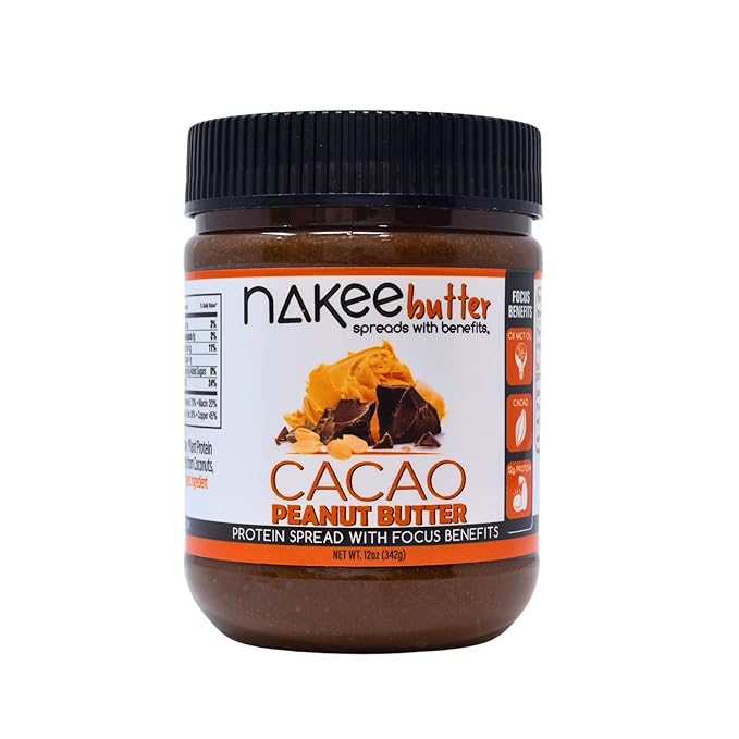 Nakee Butter Focus Cacao Peanut Butter Jar - Gluten-Free High-Protein Keto Low-Carb &amp C8 MCT Oil
