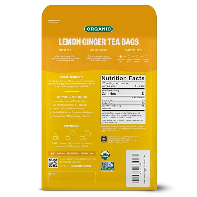 FGO Organic Lemon Ginger Tea 100 Count Eco-Conscious Tea Bags Resealable Bag Caffeine Free Packaging May Vary (Pack of 1)