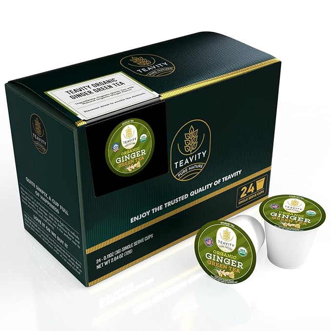 Green Tea &amp Ginger Tea Pods for Keurig - Caffeinated Organic Dye Free Unsweetened Herbal Blend for K Cup Machines - Hot or Iced (24 Tea Pods)