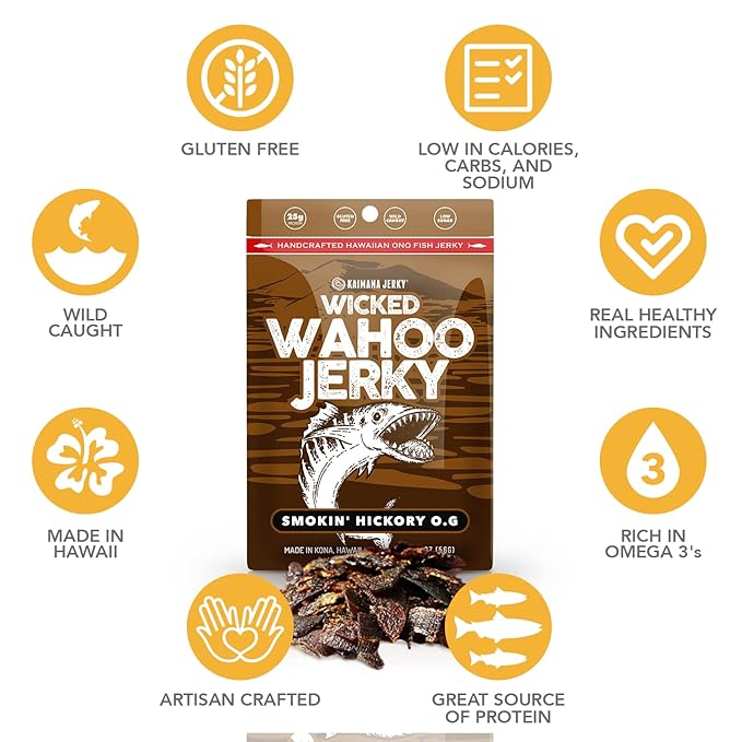 Smokin' Hickory O.G. Wahoo Ono Fish Jerky - Smoky Umami Flavor - Artisan Crafted Organic Omega-3 Rich Low-Calorie Low-Sodium &amp Low-Sugar 2oz (Pack of 3)