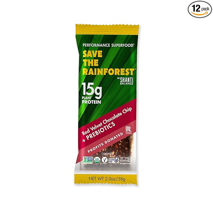 SHANTI BAR Plant Protein + Immunity Superfoods Prebiotics | Vegan Gluten Free Paleo Raw Healthy Snack Certified Organic Low Glycemic No Refined Sugars | Red Velvet Chocolate Chip | 12 Count