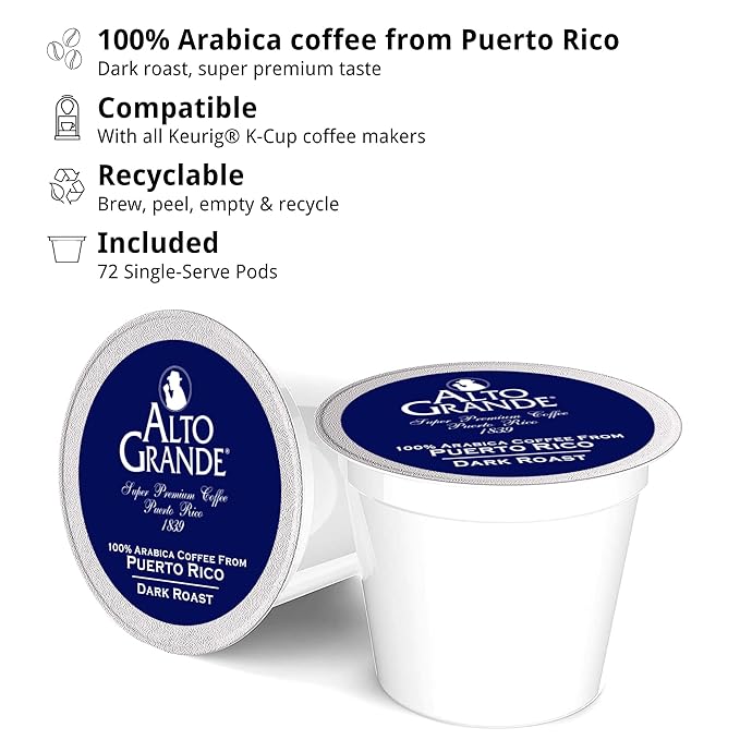 Alto Grande Ground Dark Roast Arabica Coffee Single-Serve Pods 72 Count Compatible with Keurig K Cup Brewers