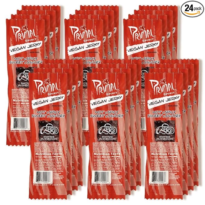 Primal Spirit Vegan Jerky “SHIITAKE MUSHROOM” – “Classic Flavor” – Hot &amp Spicy-Sweet &amp Savory 10 g. Plant Based Protein Certified Non-GMO No Preservatives Sports Friendly Packaging (24 Pac