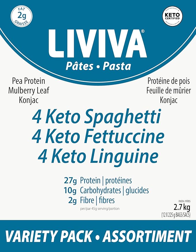 LIVIVA High Protein Low Carb KETO Pasta Variety Value Pack (Case of 12: 4 X Linguine 4 X Spaghetti 4 X Fettuccine) 371% more Protein 70% Less Carbs - Made with Pea Protein Mulberry Leaf and