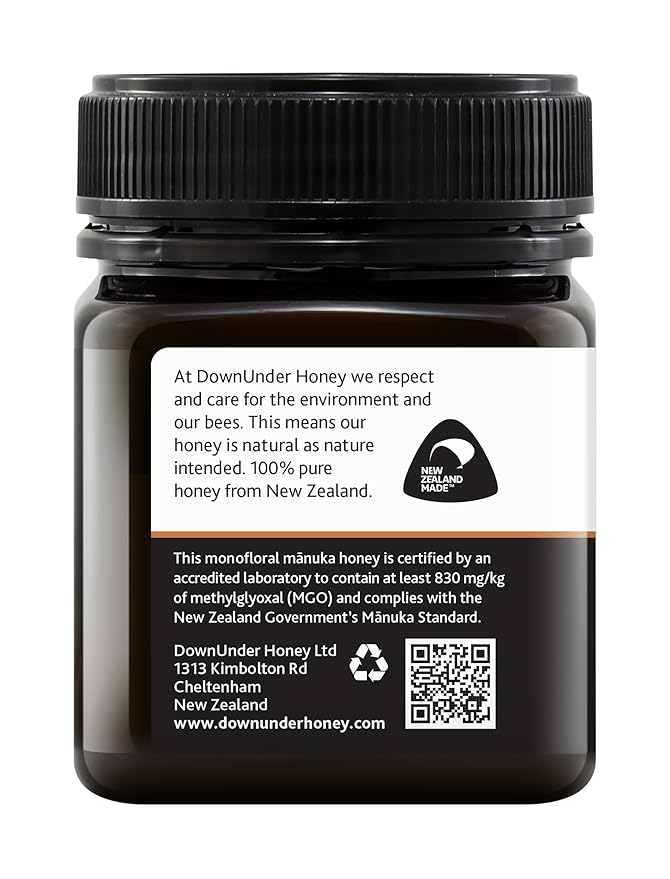 DownUnder Honey New Zealand Manuka Honey UMF 20+ (MGO 830+) Independently Tested and Certified 100% Genuine Honey Manuka Great Taste for Daily Wellness 8.8 oz (250g)