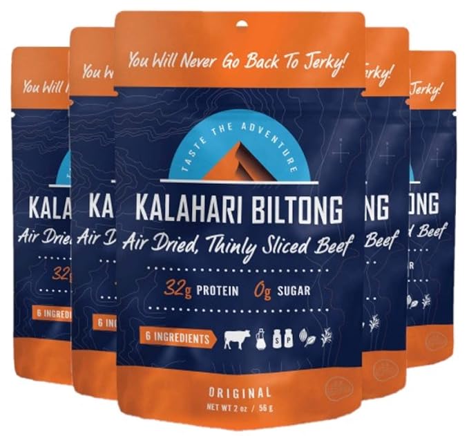 Original Kalahari Biltong Air-Dried Thinly Sliced Beef 2oz (Pack of 5) Sugar Free Gluten Free Keto &amp Paleo High Protein Snack
