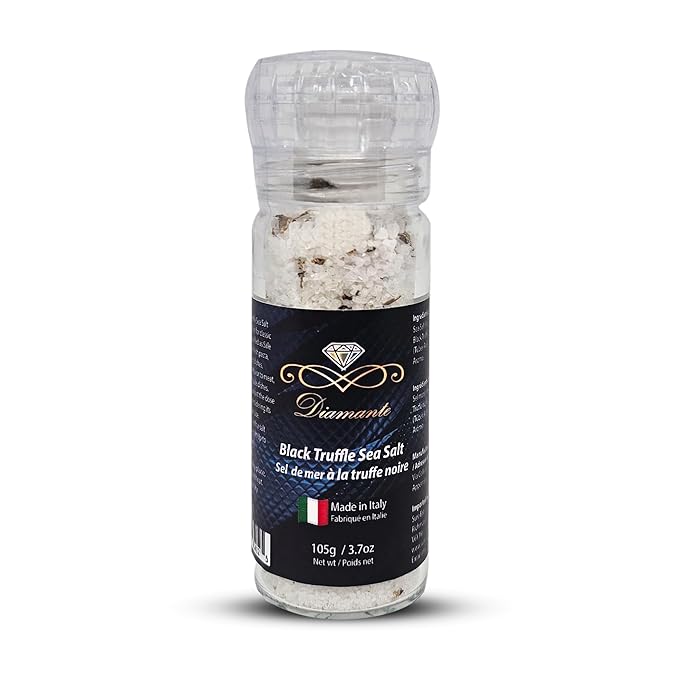 Diamante Italy Black Truffle Sea Salt with Glass Grinder - Gourmet Truffle Salt Seasoning - Specialty Seasoning - Non GMO &amp Made in Italy - 105g