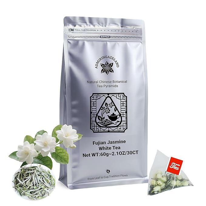 ADMIRINGAZELAND Jasmine White Tea Bags - 30 Count Fujian White Peony Leaf &amp Real Jasmine Flowers Blend with Pyramid Bags Morning &amp Afternoon Chinese Tea Gift for Women &amp Men 2.1oz