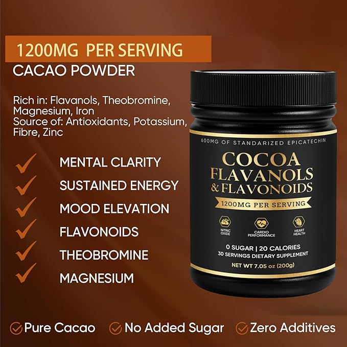 High Flavanol Cacao Powder with 1200mg Flavanols &amp Epicatechin Blend for Supports Circulation Energy Boost &amp Elevate Mood Supports Heart Health &amp Brain Function Gluten Free Vegan 200