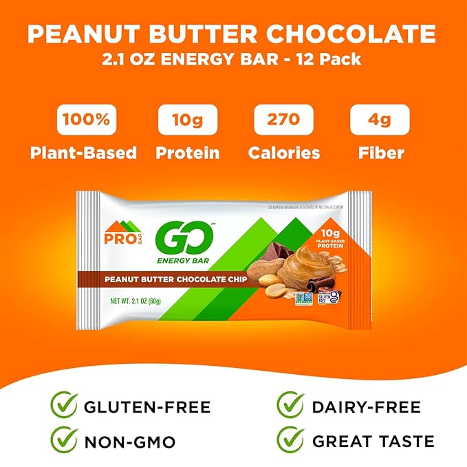 PROBAR - GO Energy Bars - Peanut Butter Chocolate Chip - Gluten-Free Non-GMO Whole-Food Ingredient Snack Bars (12 Count)