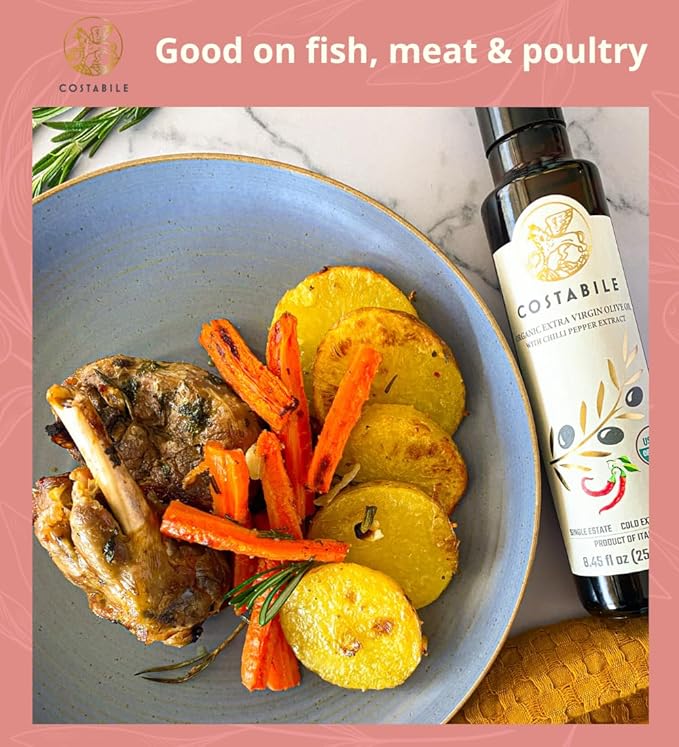 Chilli oil. Spicy Extra Virgin Olive Oil from Puglia Italy Infused with Organic Hot Red Peppers. Perfect as Spicy Vegan Chili Dressing - COSTABILE 16.9 Fl. Oz.