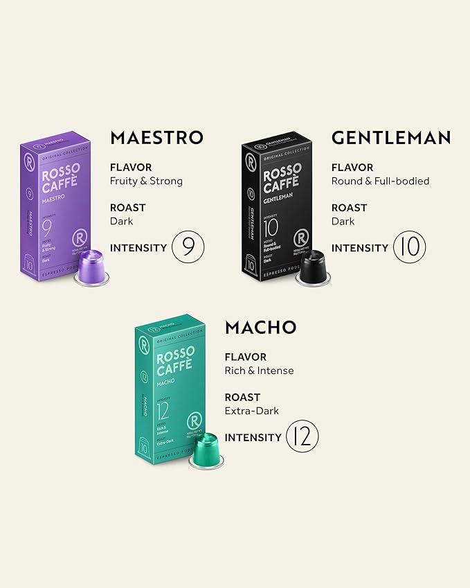 ROSSO CAFFÈ 120 Espresso Coffee Pods for Nespresso Original Machines - Value Intense Pack of Rich and Bold Capsules 3 Premium Dark Roasts Flavors (Intensity 9-12)