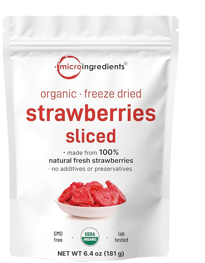 Micro Ingredients Organic Strawberries Sliced 6.4oz | 100% Natural Fruit | Freeze Dried Strawberry Source | No Sugar &amp Additives | Healthy Snack &amp Topping for Beverages or Recipes | Non-GMO