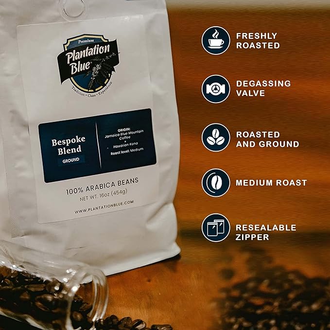 PREMIUM PLANTATION BLUE TRADITION CLASS EXPERIENCE Bespoke Blend of Blue Mountain &amp Kona Coffee Ground (1lb)