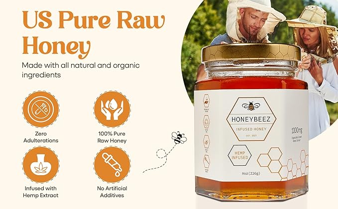 HoneyBeez Premium Raw Honey Infused with Hemp- 32mg per serving (Natural 8oz)