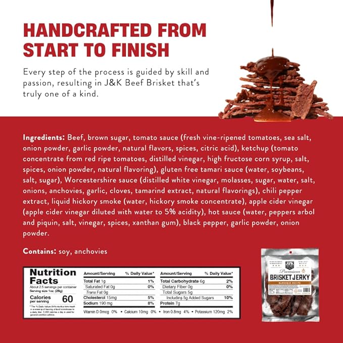 J&ampK Beef Brisket Jerky – BBQ Flavor – Hand Crafted Small Batch American Made Slab Jerky – Bold &amp Smoky Snack – 7oz Big Bag