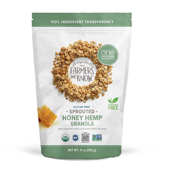 One Degree Organic Foods Sprouted Oat Honey Hemp Gluten Free Granola - USDA Organic (11 oz. - 6 pack)
