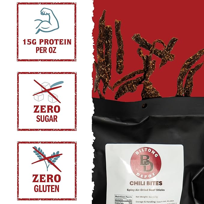 Biltong Depot Chili Bites - 2oz (3 Pack) | Thin Sliced Air-Dried Beef Sticks | Spicy Beef Jerky Snack | High Protein | Keto &amp Paleo Friendly | Zero Sugar | Gluten Free