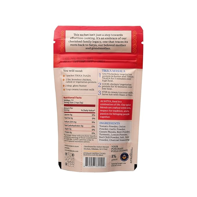 Satya Tikka Masala Powdered Seasoning Mix 1.31 oz Sachets (Pack of 5-185gm) – Smoky Indian Paneer Tikka Masala for Vegetables Chicken - Vegan Gluten &amp Dye Free Low Sodium Authentic Indian Spice