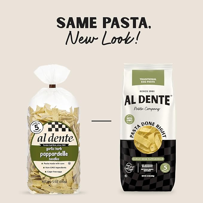 Al Dente Garlic Herb Pappardelle – All-Natural Hand-Crafted Egg Pasta. Traditional Pasta Noodles Made with Cage-Free Eggs and Semolina. Great for Pastas Soups Stews. 12oz Bags (Pack of 6)