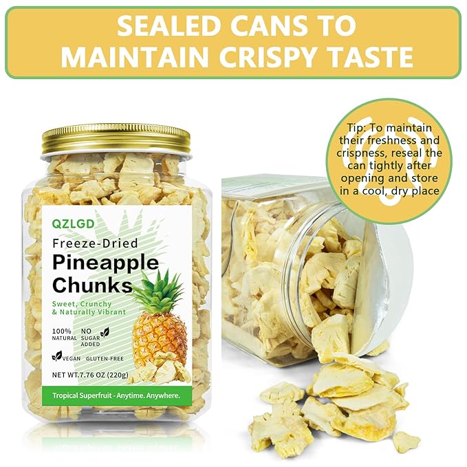 QZLGD Freeze Dried Pineapple Freeze Dried Fruit Pineapple Chunks 7.76oz/220g No Added Sugar Fruit Snacks for Baking or Adding to Breakfast Cereal Milkshakes