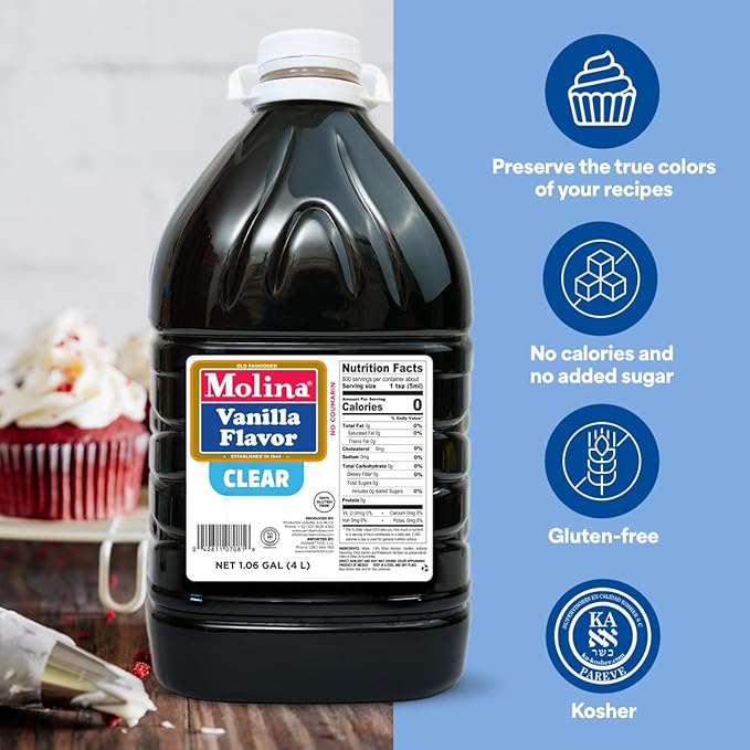 Molina Clear Vanilla Extract 1 Gallon (135.3 oz) Perfect for Baking Enhances Flavor Without Altering Dessert Color High-Quality Vanilla Flavoring for Cakes Cookies and Pastries - (Packaging may v