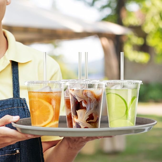 100 Pack - 16 oz Clear Plastic Cups with Lids and Straws Sturdy &amp Food Safe Iced Coffee Cups with lids Disposable Plastic Smoothie Cups for Cold Drinks