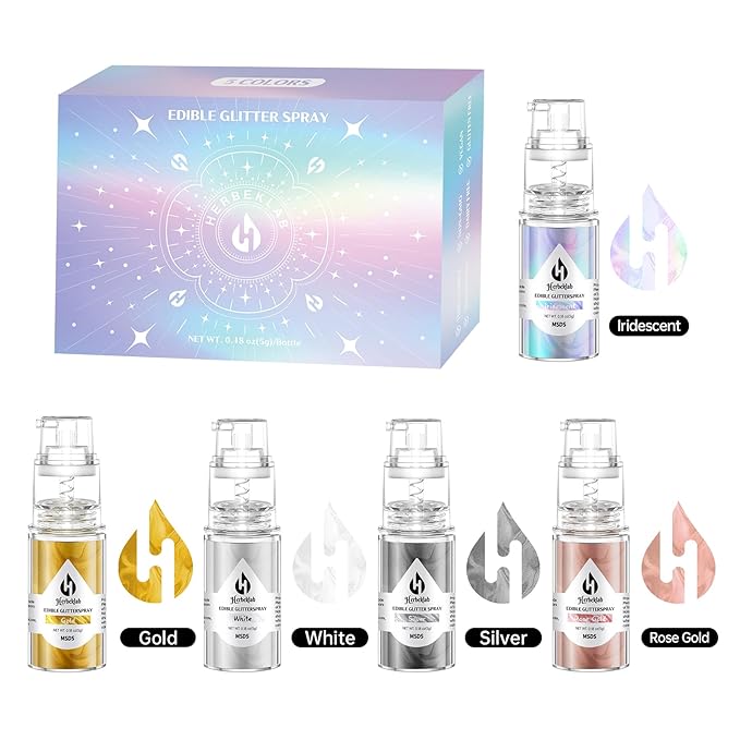 Edible Glitter Spray Set - 5 Colors Iridescent Gold Silver White &amp Rose Gold Food Grade Shimmer Powder Metallic Edible Spray Glitter for Cakes Cookies Chocolate &amp Strawberries 5g/Bottle