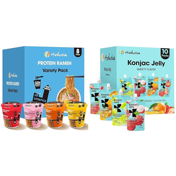 Hethstia High Protein Ramen &amp Collagen Konjac Jelly Bundle – Plant-Based Protein Ramen Cups with Collagen Peptide Drinkable Jelly Vegan Non-Fried Low Calorie Healthy Meal &amp Snack Combo