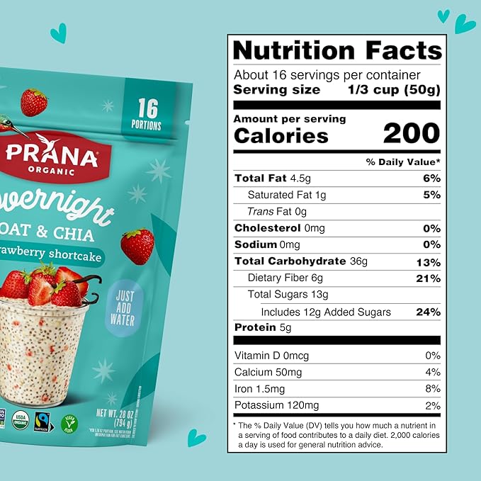 Prana Organic Overnight Chia with Oats Strawberry Shortcake | 28 oz Bags - 2 Pack | Rich in Fiber &amp Protein Vegan Non-GMO | Ready to Eat Breakfast