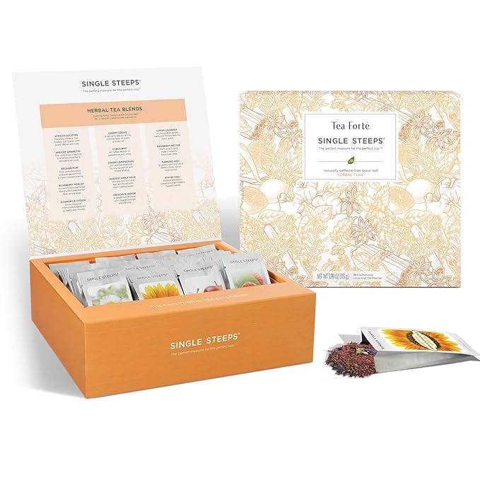 Tea Forte Single Steeps Loose Leaf Tea Sampler Tea Chest Assorted Variety Tea Box 28 Single Serve Pouches Herbal Tea