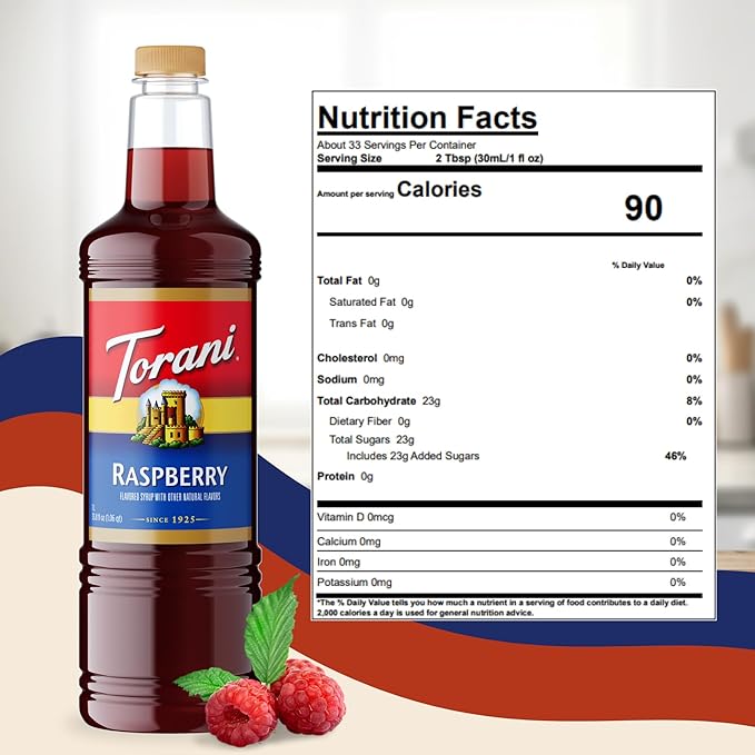 Torani Raspberry Syrup 1 Liter Bottle with Pump – Premium Sweet &amp Tart Berry Flavoring with Pure Cane Sugar for Coffee Lemonade Iced Tea Italian Sodas Cocktails &amp Desserts