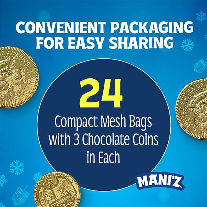 Manischewitz Milk Chocolate Gold Coins Hanukkah Gelt (24 Mesh Bags) Individually Wrapped Perfect for Chanukah | St. Patrick’s Day Chocolate | Gluten Free | Kosher (Cholov Yisroel) | For Holidays | As
