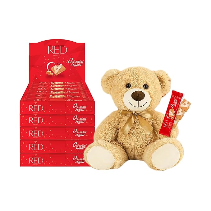 RED Delight®™ Blonde Caramelized White Chocolate 12 Count Box of Grab N Go Travel Size Bars (0.92 Ounces Each) with 14 Plush Teddy Bear (5 Boxes - Total of 60 Bars + 14 Plush Teddy Bear)