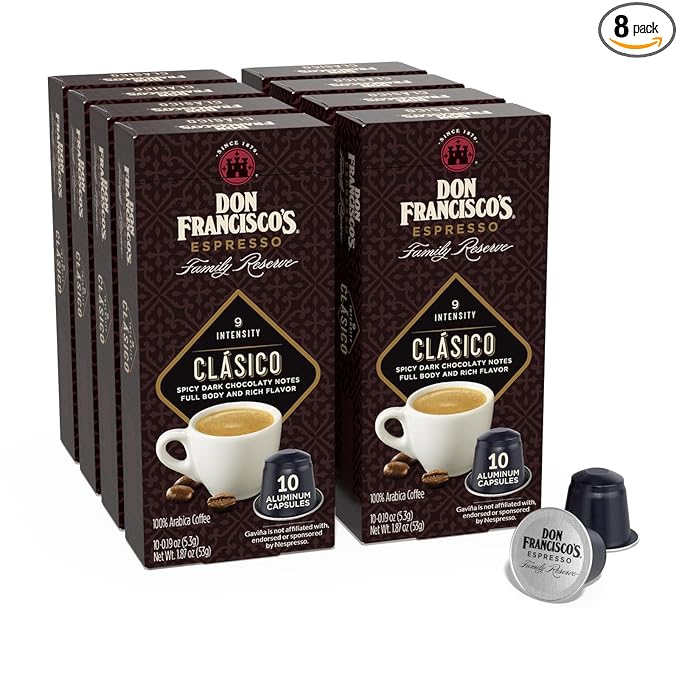 Don Francisco's Clasico Espresso Pods: 80 Recyclable Aluminum Capsules Intensity 9 Dark Roast Compatible with Nespresso Original Line Machines - Bold Cuban-Style with Spicy Chocolate Notes